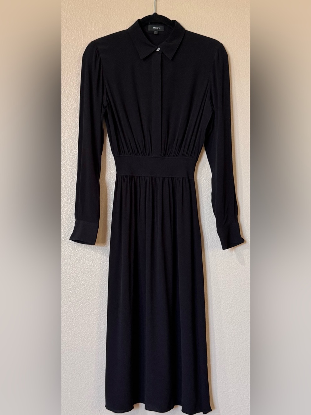 Theory Ribbed Waistband Shirtdress Black Crepe Viscose Midi Luxe P
